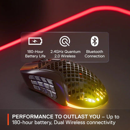 Black wireless gaming mouse with side buttons, honeycomb design, 180-hour battery, dual wireless, Bluetooth