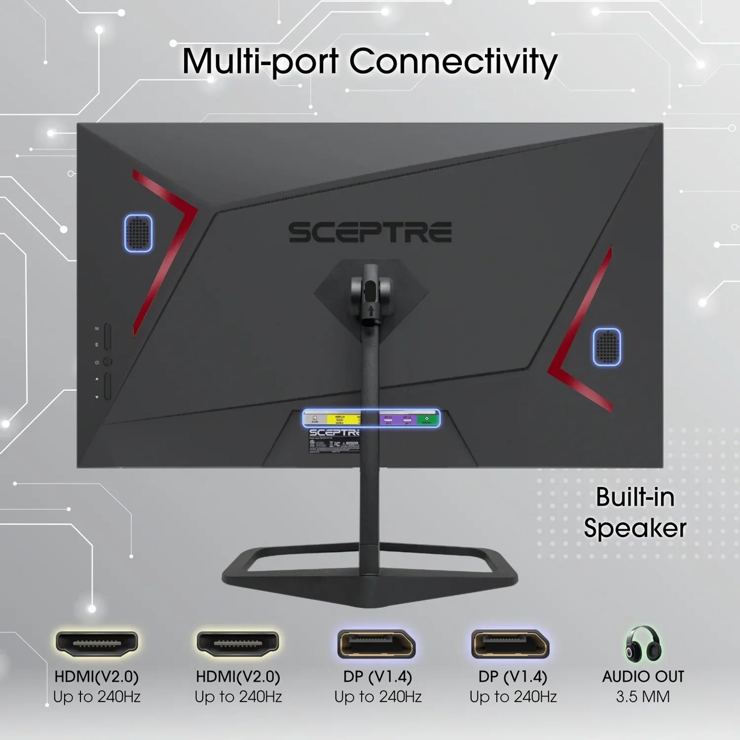 Rear view of Sceptre gaming monitor with multi-port HDMI and DisplayPort connectivity, built-in speakers, and audio out