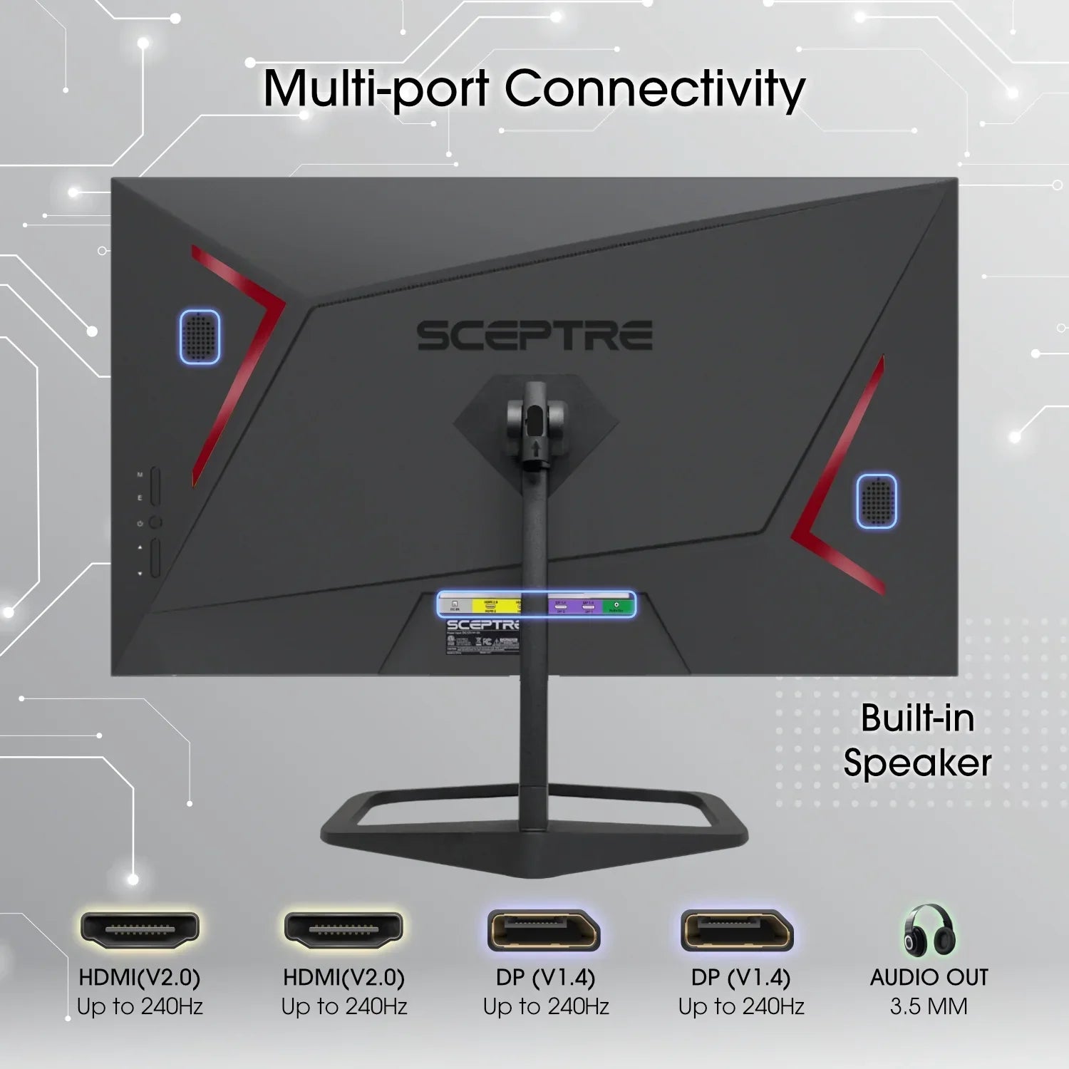 Rear view of Sceptre gaming monitor with multi-port HDMI and DisplayPort connectivity, built-in speakers, and audio out