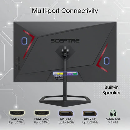 Rear view of Sceptre gaming monitor with multi-port HDMI and DisplayPort connectivity, built-in speakers, and audio out