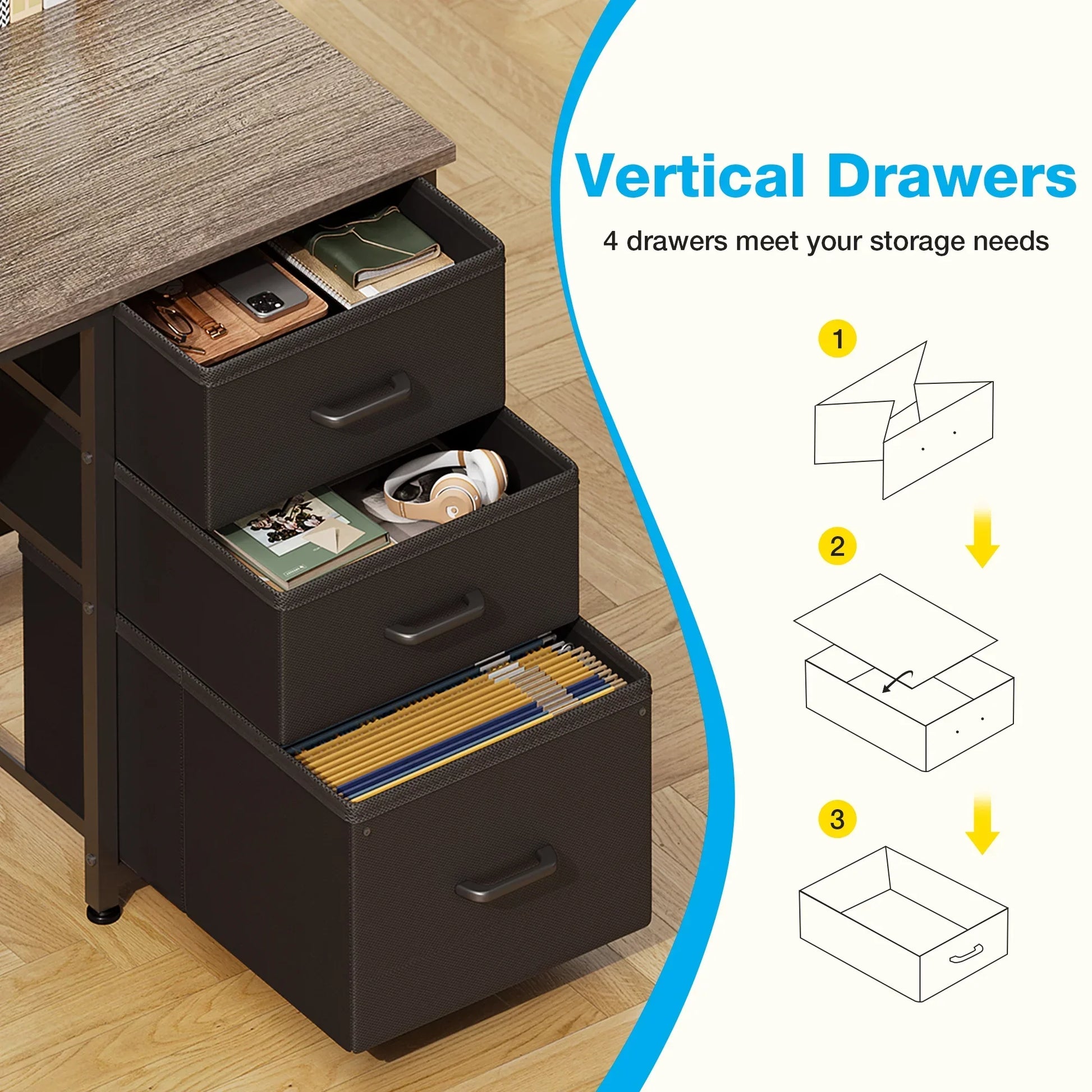 51 Inch Computer Desk with File Drawers & USB Power Outlets- Reversible Home Office Desk with Storage Shelves, Work from Home, Writing Table for Bedroom, Gray Oak