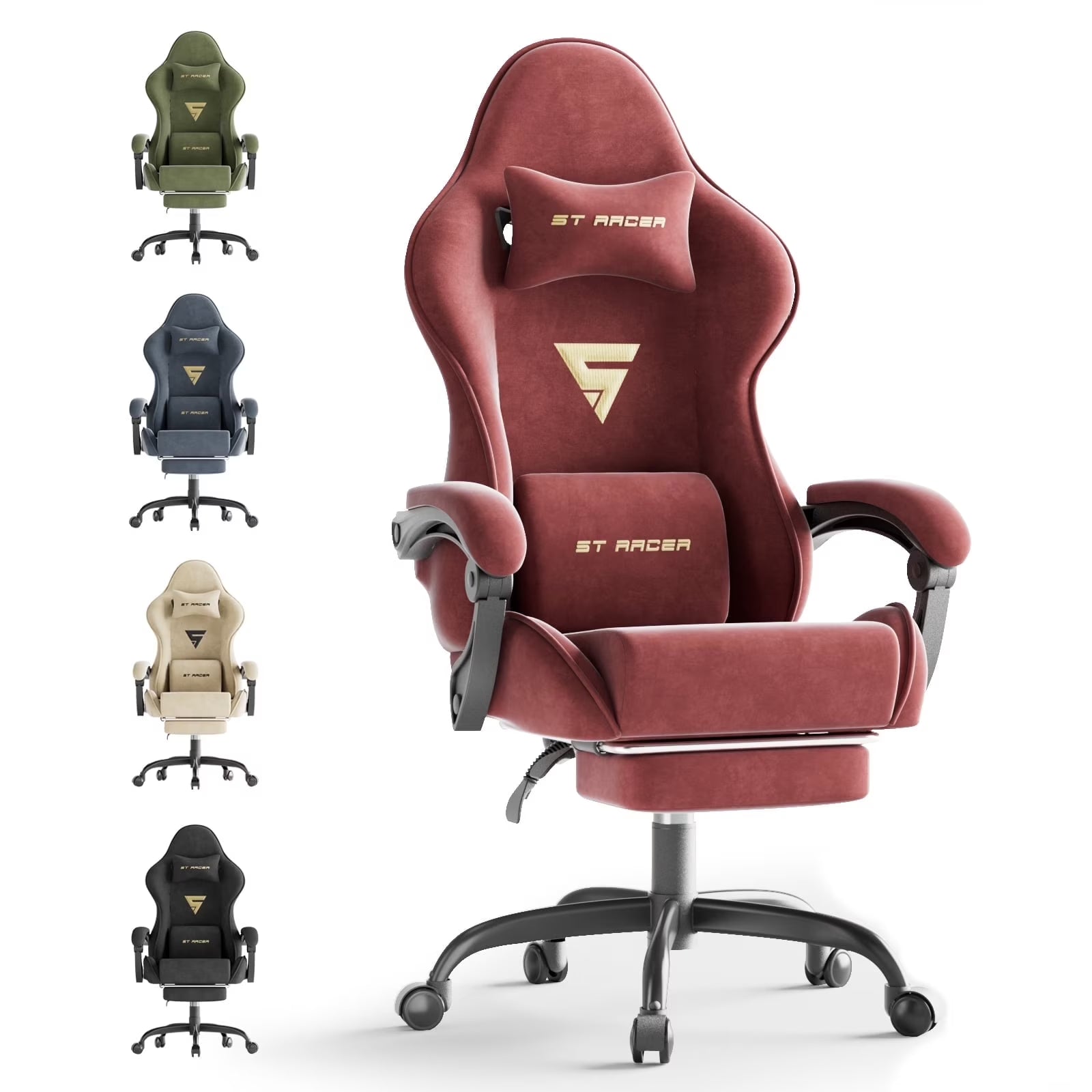 ST RACER gaming chair in red with lumbar support, shown with olive, blue, beige, and black color options for PC setup