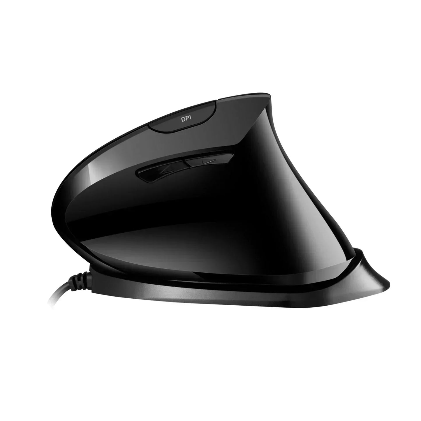 Black ergonomic vertical wired gaming mouse with DPI button and side controls on white background