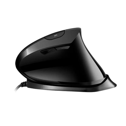 Black ergonomic vertical wired gaming mouse with DPI button and side controls on white background
