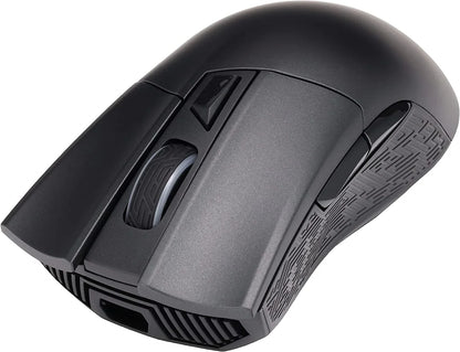 black ergonomic wireless computer mouse with textured sides and scroll wheel on white background