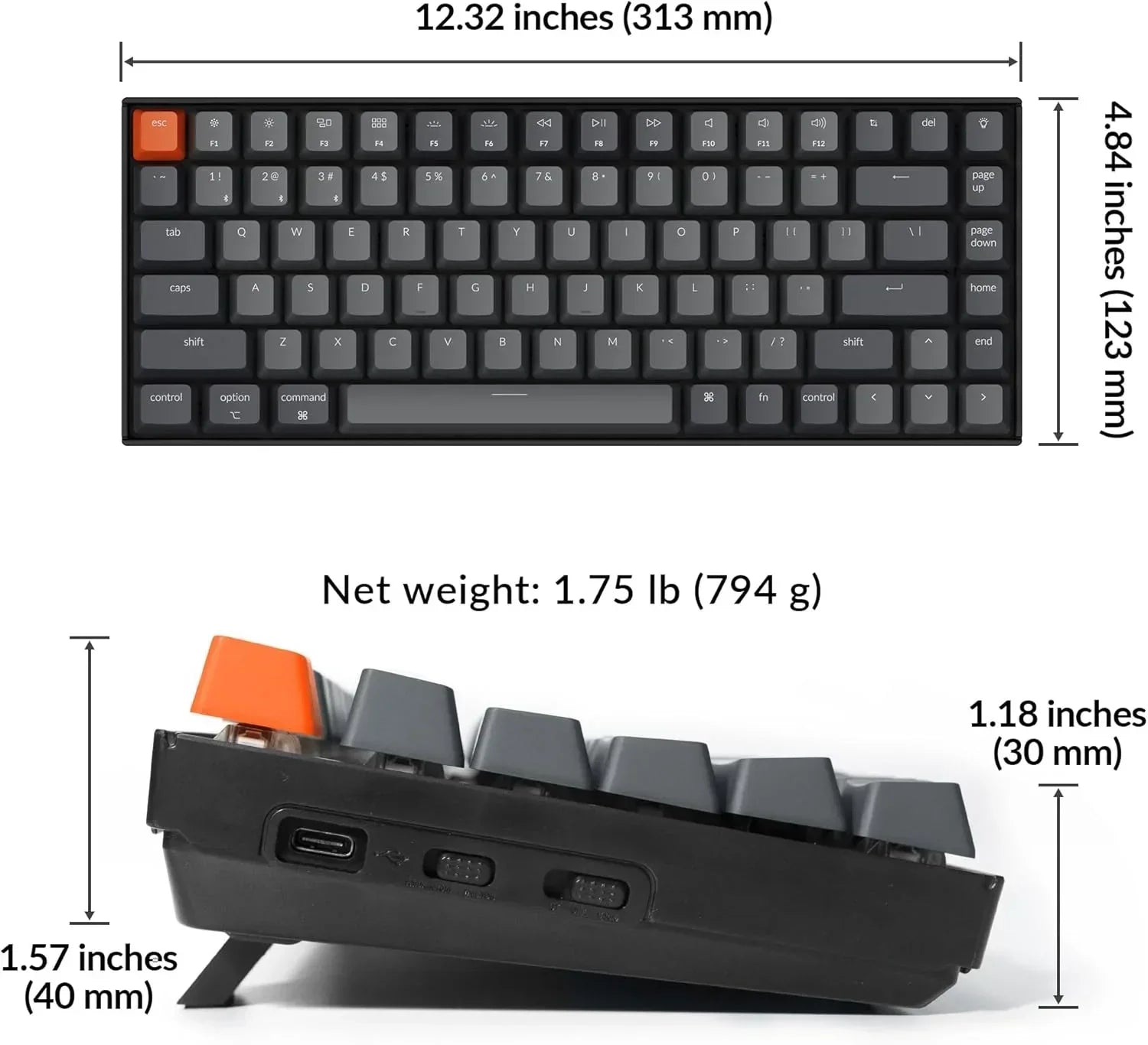 Compact mechanical gaming keyboard with orange escape key, shown with dimensions and USB port.