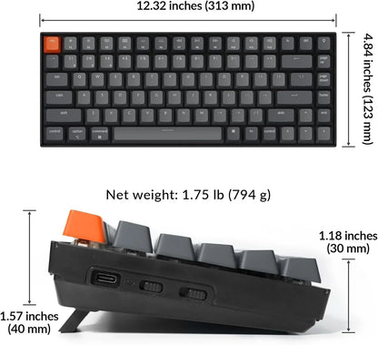 Compact mechanical gaming keyboard with orange escape key, shown with dimensions and USB port.