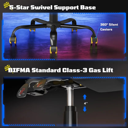 Gaming chair base with 5-star swivel support, silent casters, and BIFMA Class-3 gas lift for height adjustment
