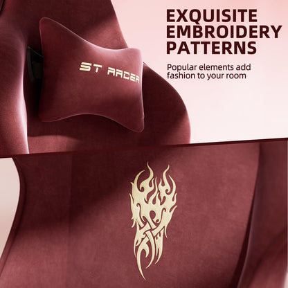 Burgundy gaming chair with gold flame embroidery and ST RACER neck pillow, stylish esports setup