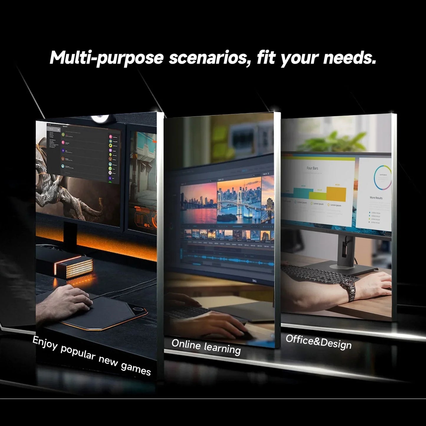 Multi-purpose monitor usage scenarios showing gaming, online learning, and office design setups with hands on keyboard and mouse