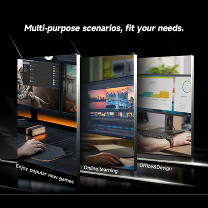 Multi-purpose monitor usage scenarios showing gaming, online learning, and office design setups with hands on keyboard and mouse