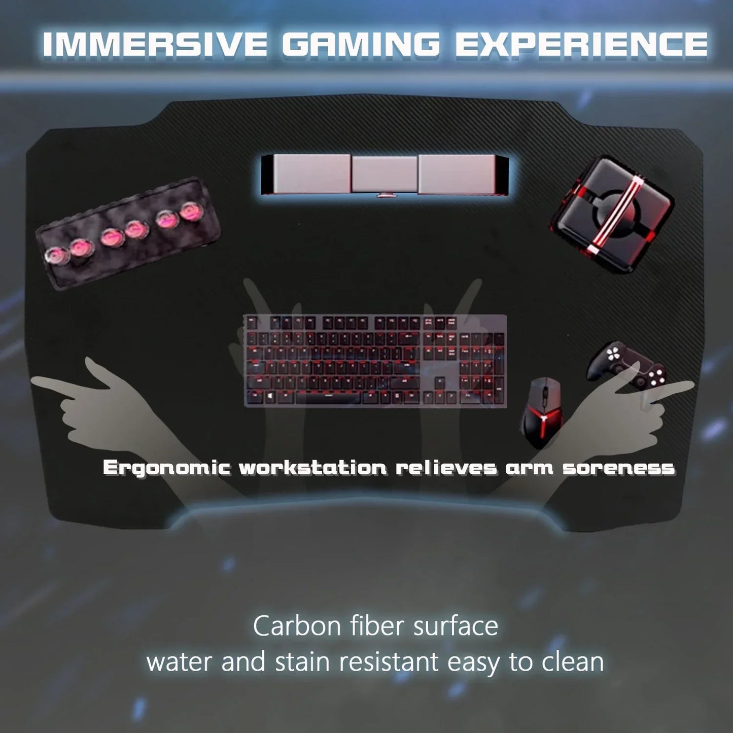Ergonomic gaming workstation with carbon fiber surface, keyboard, mouse, controller, and triple monitors
