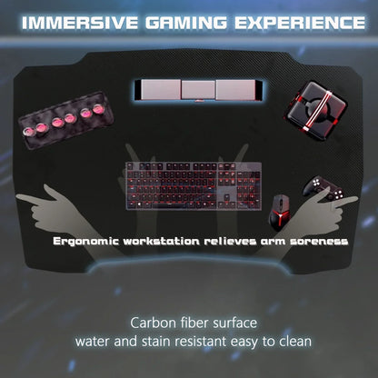 Ergonomic gaming workstation with carbon fiber surface, keyboard, mouse, controller, and triple monitors