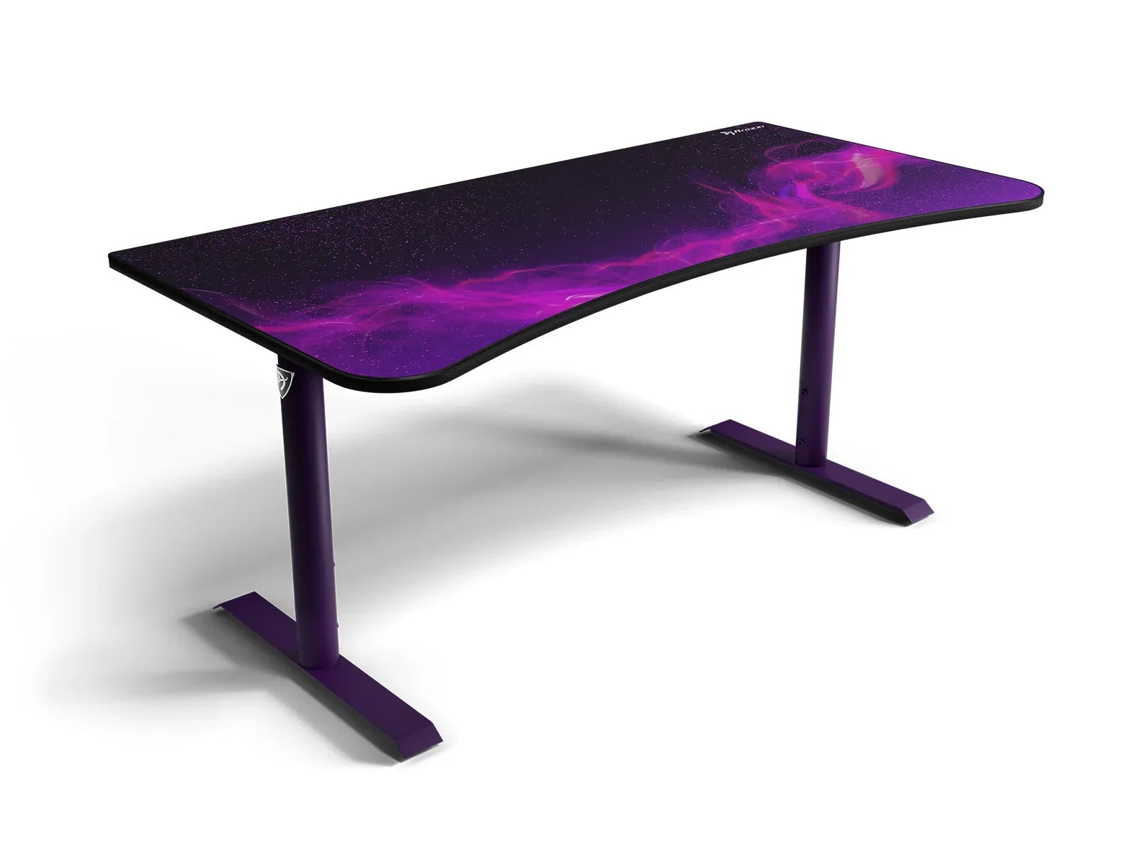 Curved gaming desk with purple galaxy design and sturdy purple metal legs