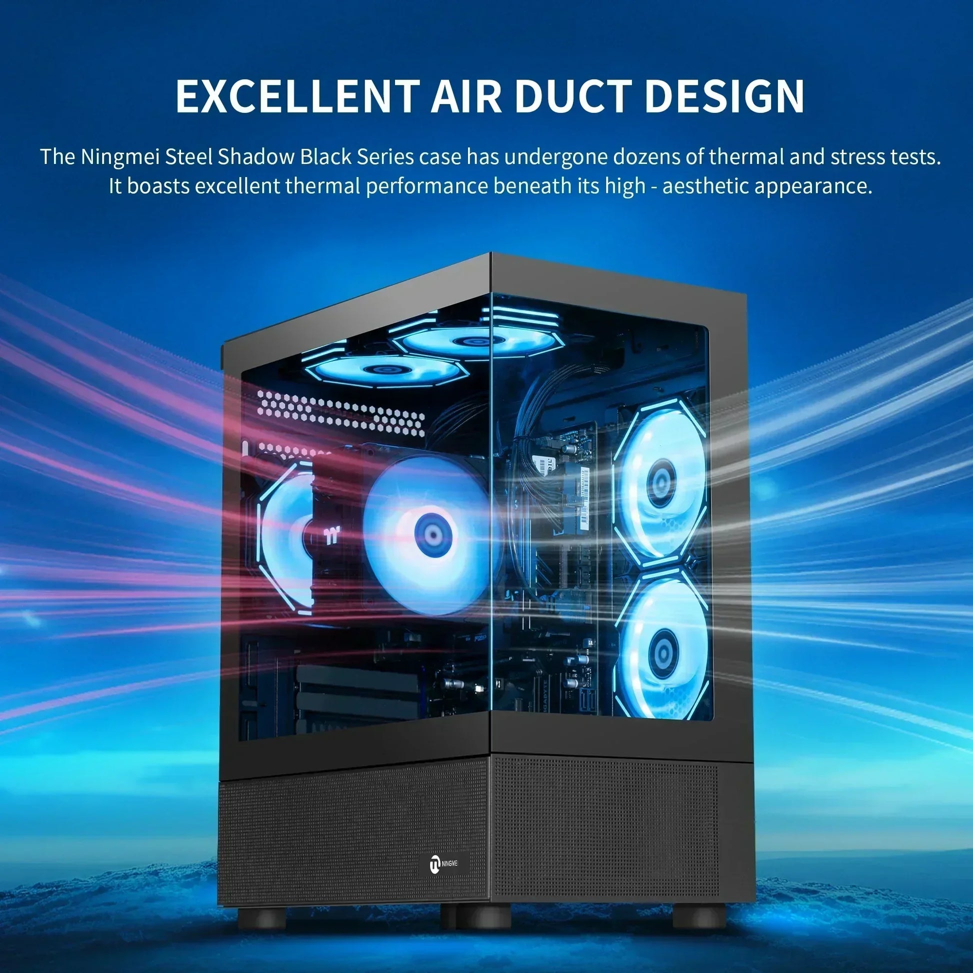 RGB gaming PC case with glass panels showing advanced cooling fans and airflow design