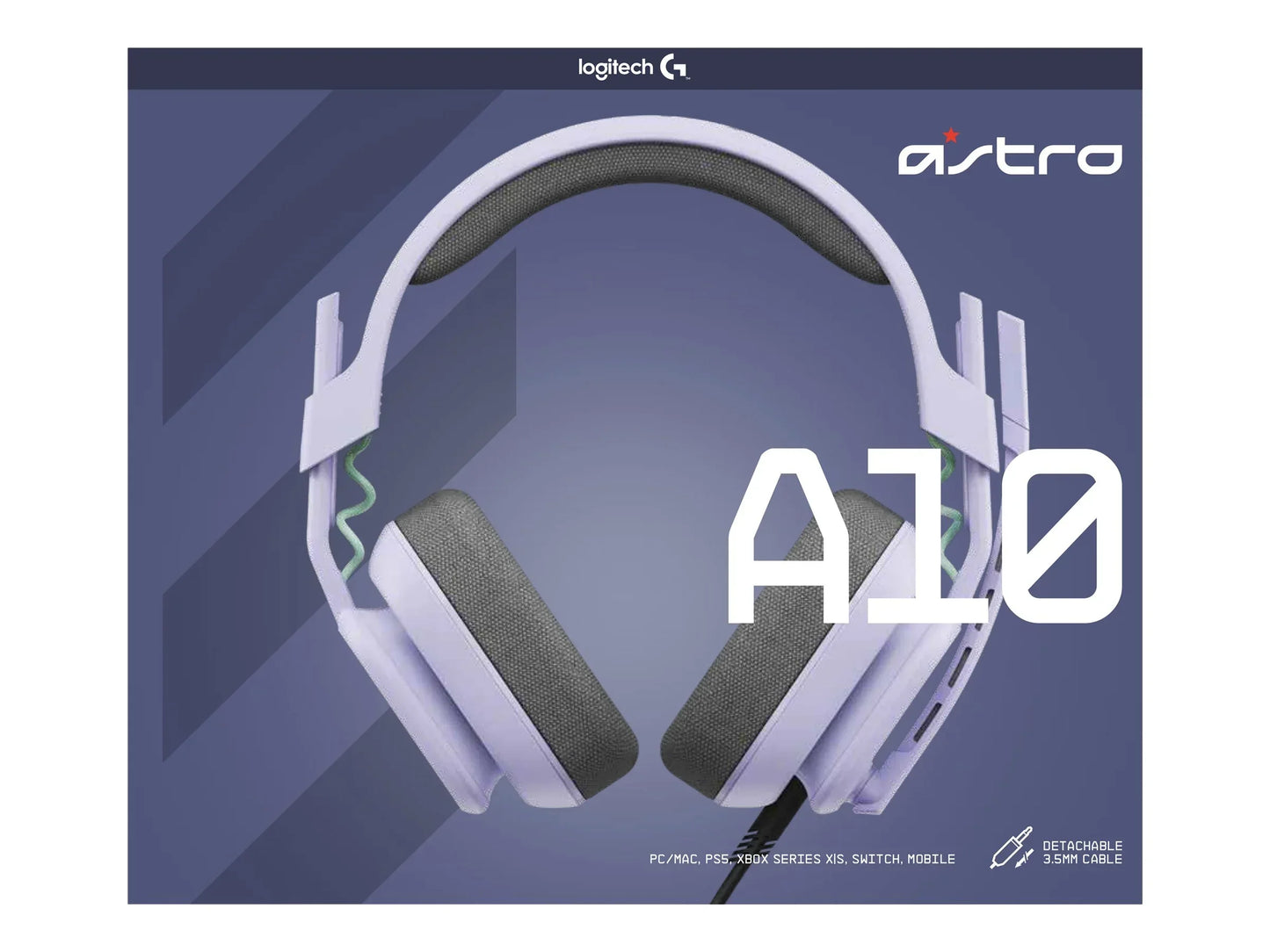 Logitech Astro A10 gaming headset in white with gray ear cushions and detachable 3.5mm cable on blue background