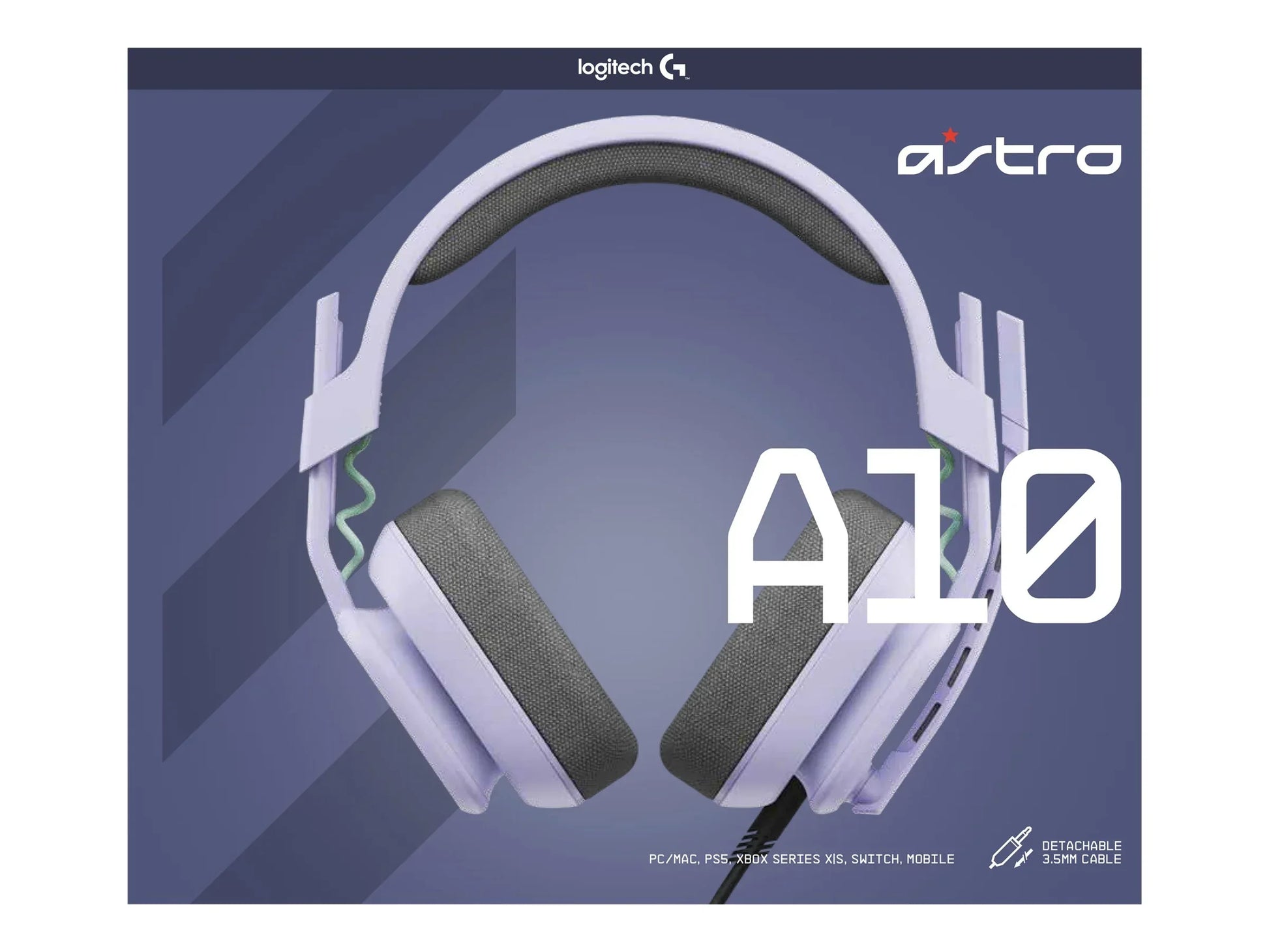 Logitech Astro A10 gaming headset in white with gray ear cushions and detachable 3.5mm cable on blue background