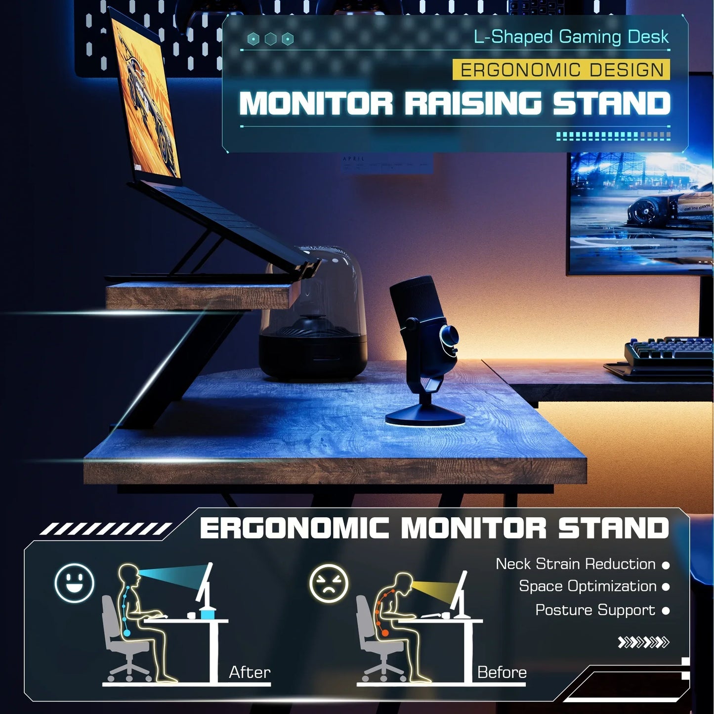 Ergonomic L-shaped gaming desk with wooden monitor raising stand, microphone, and dual screens