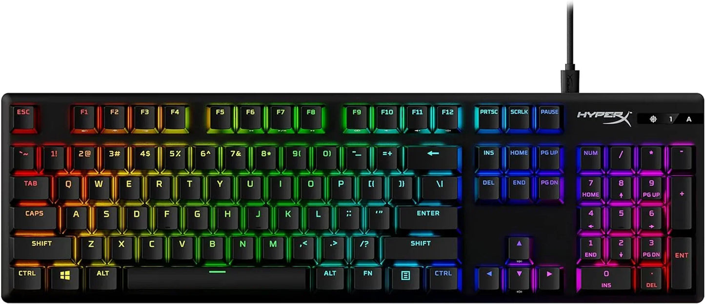 HyperX full-size RGB mechanical gaming keyboard with backlit keys on white background
