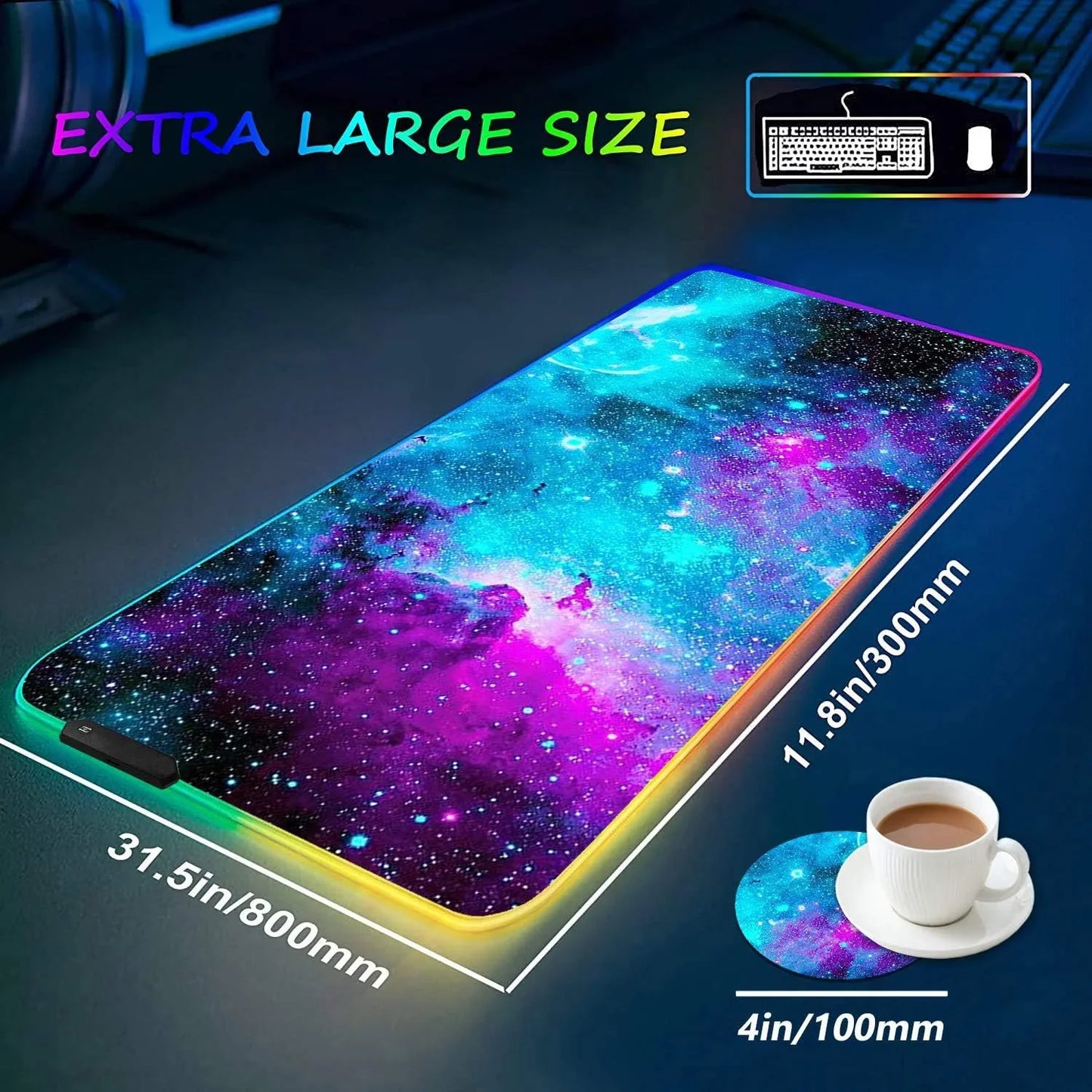 Extra large RGB galaxy-themed gaming mouse pad with matching round coaster, 31.5x11.8 inches