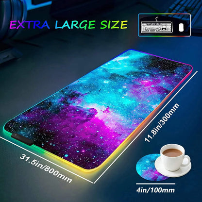 Extra large RGB galaxy-themed gaming mouse pad with matching round coaster, 31.5x11.8 inches