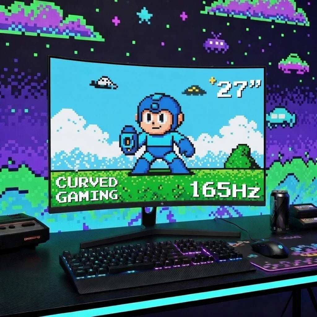 Retro gaming setup with 27-inch curved 165Hz monitor, RGB keyboard, and pixel art background
