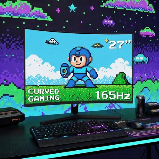 Retro gaming setup with 27-inch curved 165Hz monitor, RGB keyboard, and pixel art background