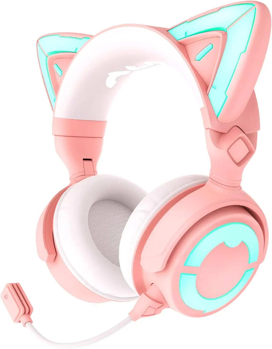 Pink gaming headphones with cat ear design and cyan LED lighting, padded ear cups, and an attached microphone