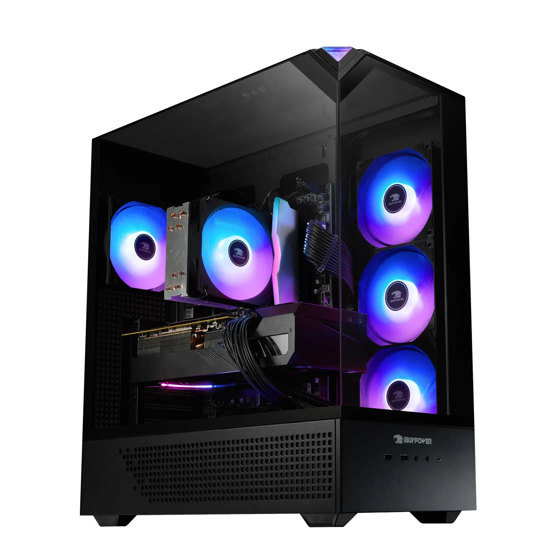 iBUYPOWER gaming PC with RGB-lit cooling fans inside black tempered glass case