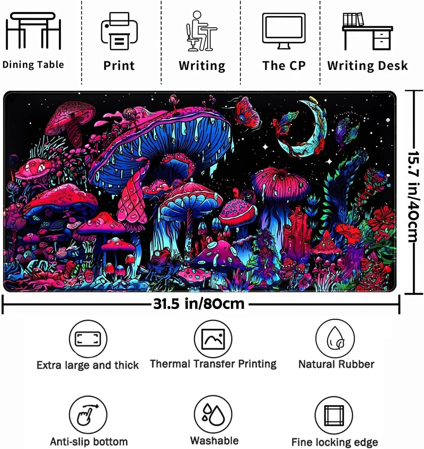 Extra-large 31.5x15.7 inch colorful mushroom and moon themed gaming mouse pad with anti-slip, washable natural rubber