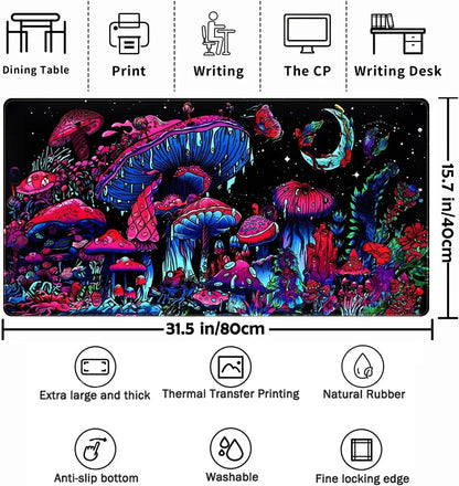 Extra-large 31.5x15.7 inch colorful mushroom and moon themed gaming mouse pad with anti-slip, washable natural rubber