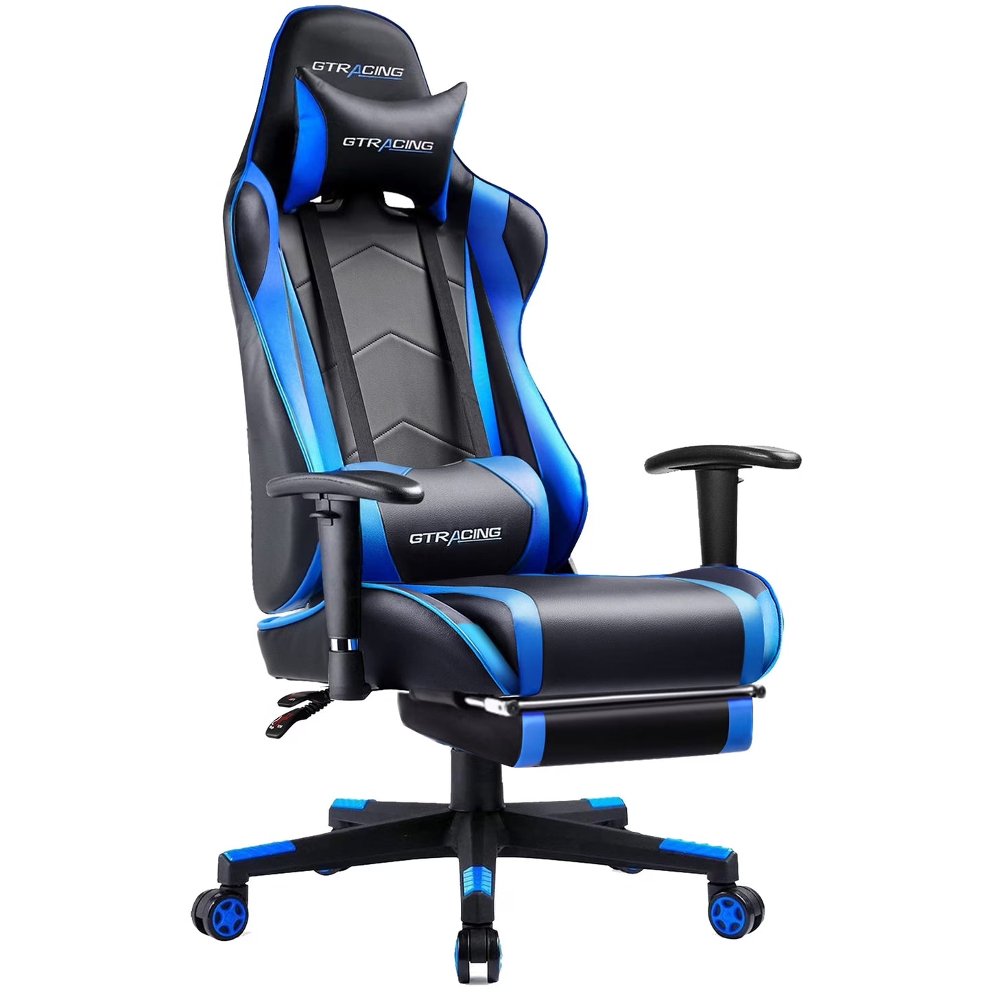 Blue and black GTRACING gaming chair with lumbar support, headrest, and adjustable armrests for ergonomic comfort