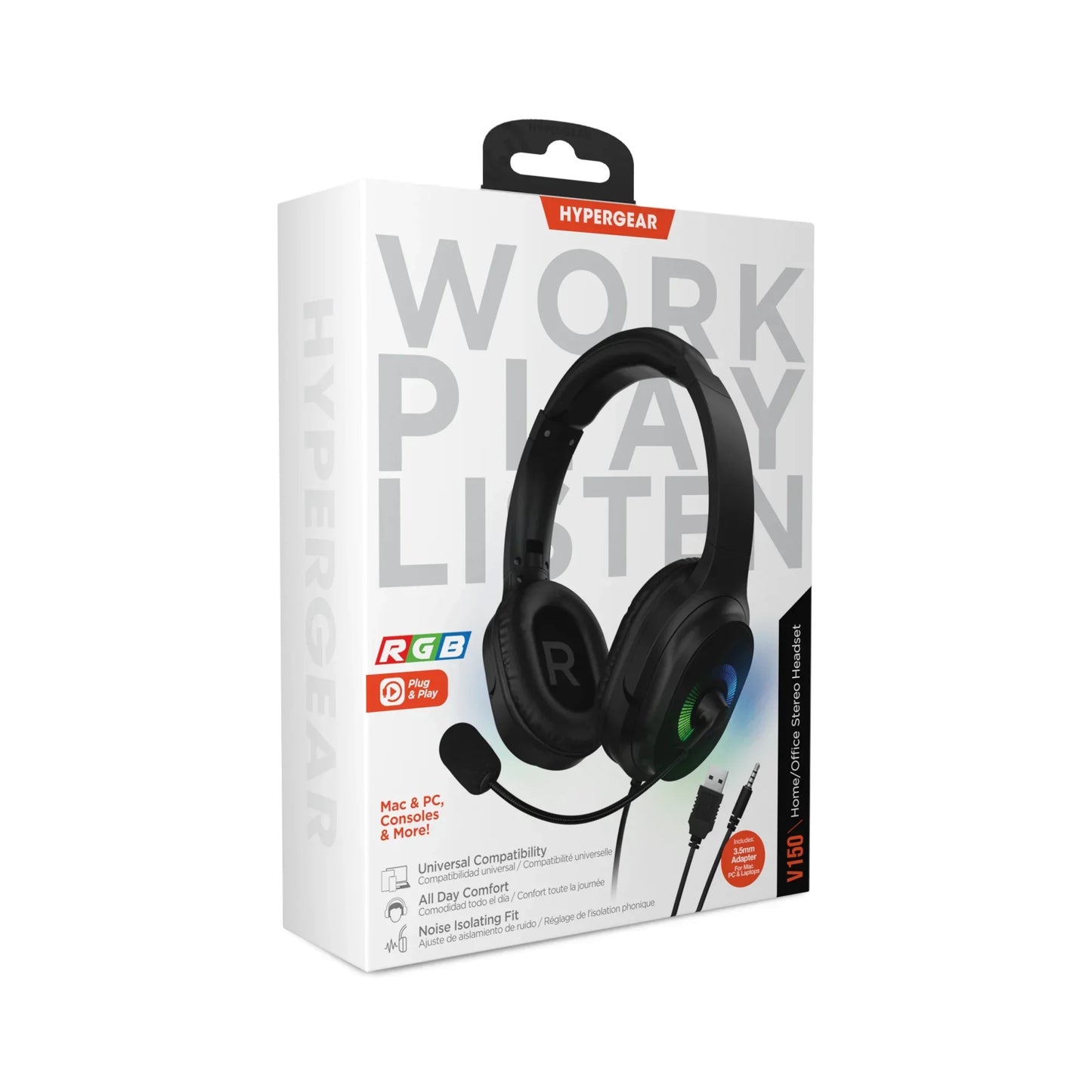 Hypergear V150 RGB gaming headset with microphone, USB and 3.5mm jack, white retail box