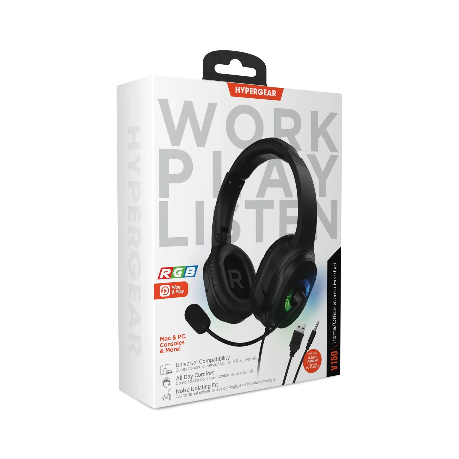 Hypergear V150 RGB gaming headset with microphone, USB and 3.5mm jack, white retail box
