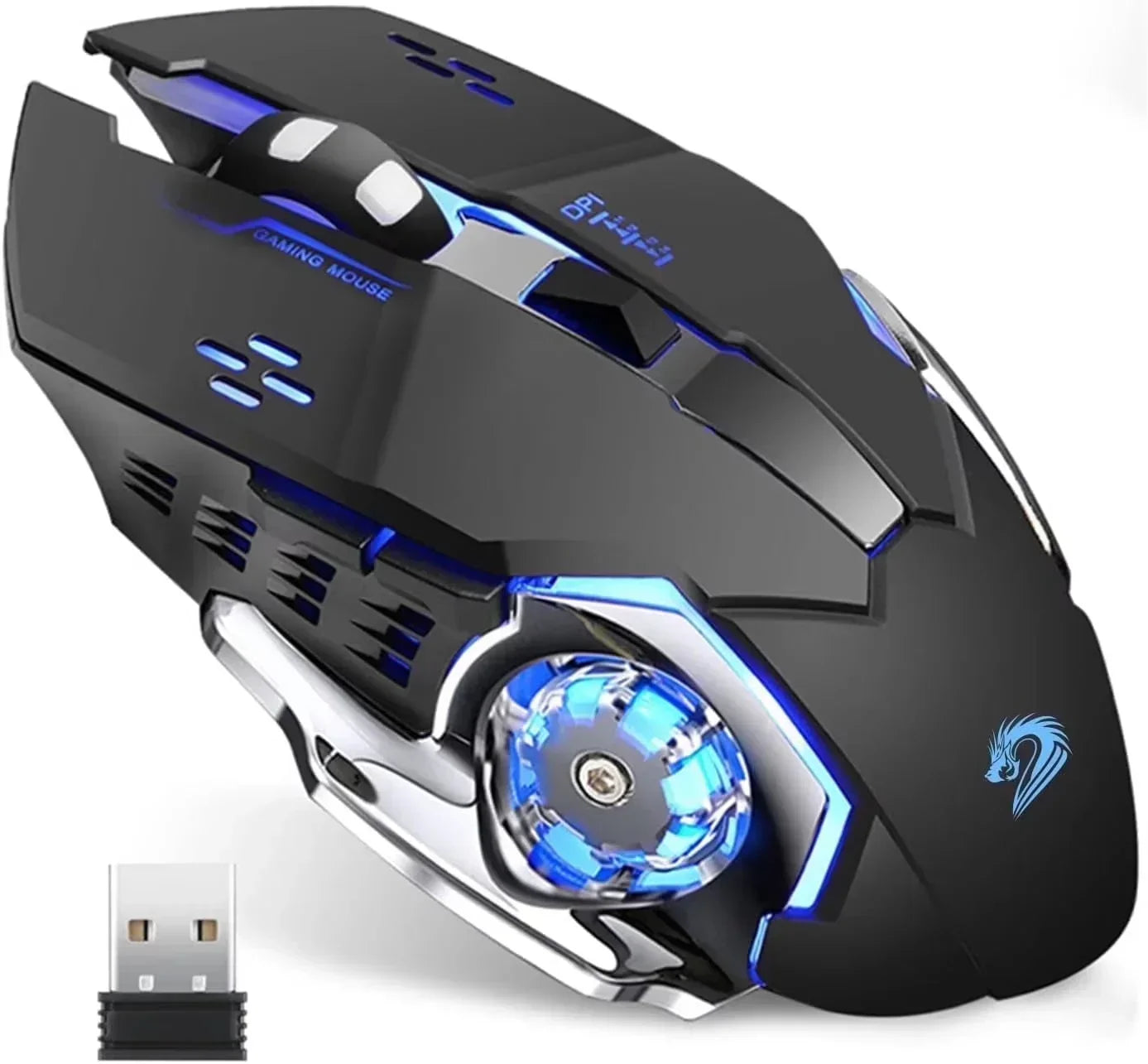Wireless LED Gaming Mouse 2.4G Optical Rechargeable Silent Mice with USB Receiver Black