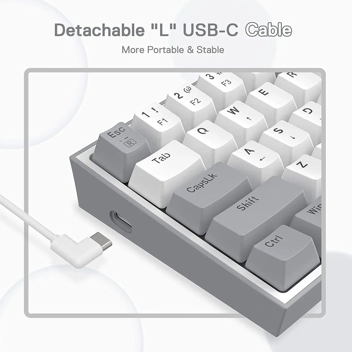 Gray and white mechanical gaming keyboard with detachable L-shaped USB-C cable, Byte Style