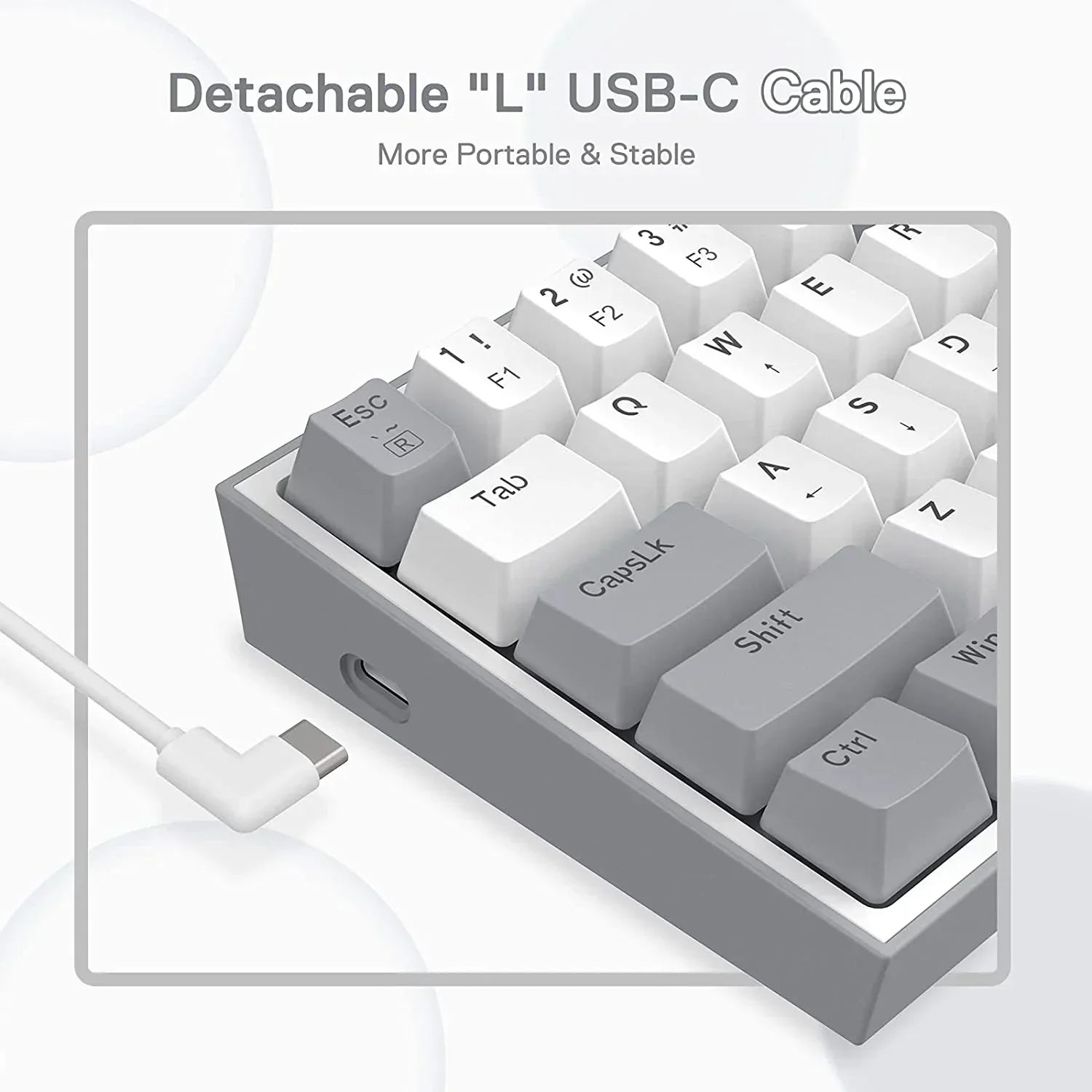 Gray and white mechanical gaming keyboard with detachable L-shaped USB-C cable, Byte Style