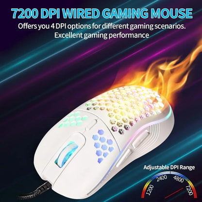 White wired gaming mouse with RGB lighting, honeycomb design, and 7200 DPI adjustment
