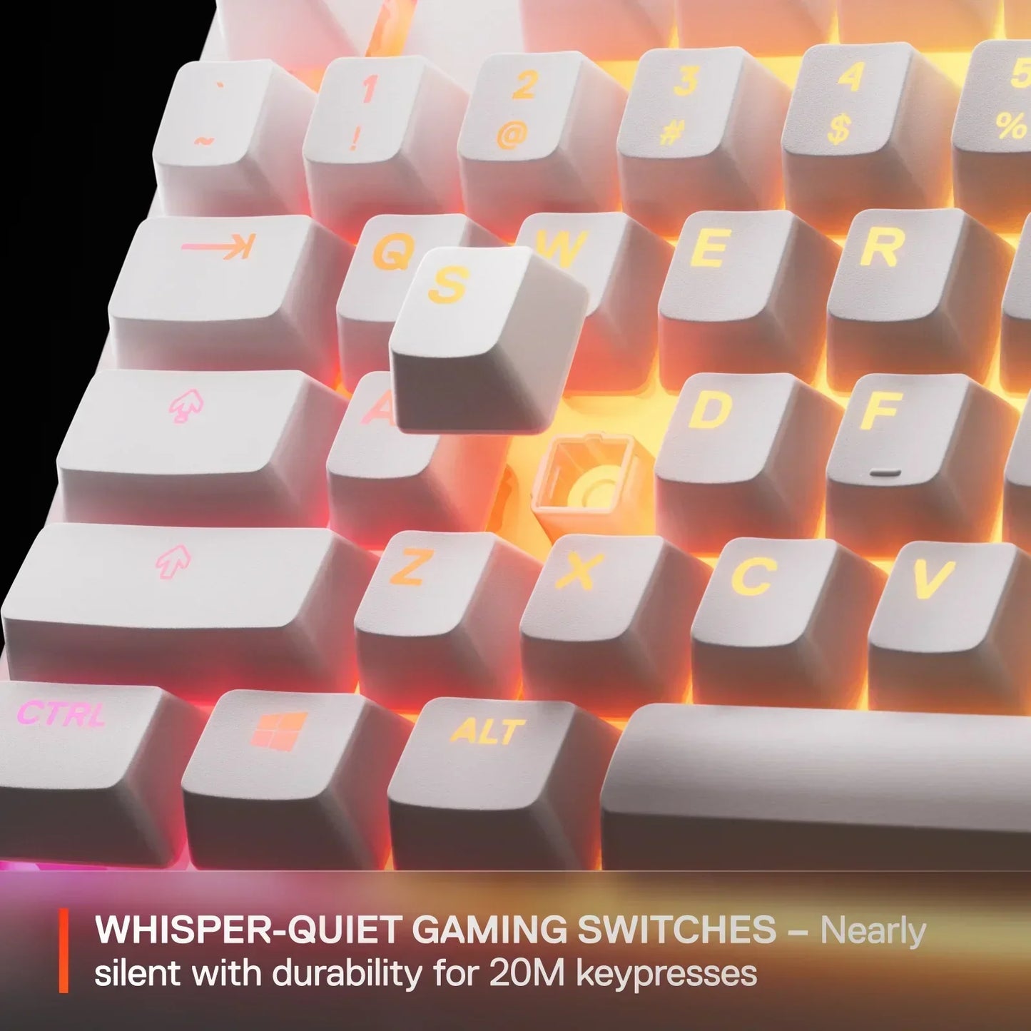 White RGB gaming keyboard with yellow key legends, lifted keycap showing whisper-quiet switch, Byte Style