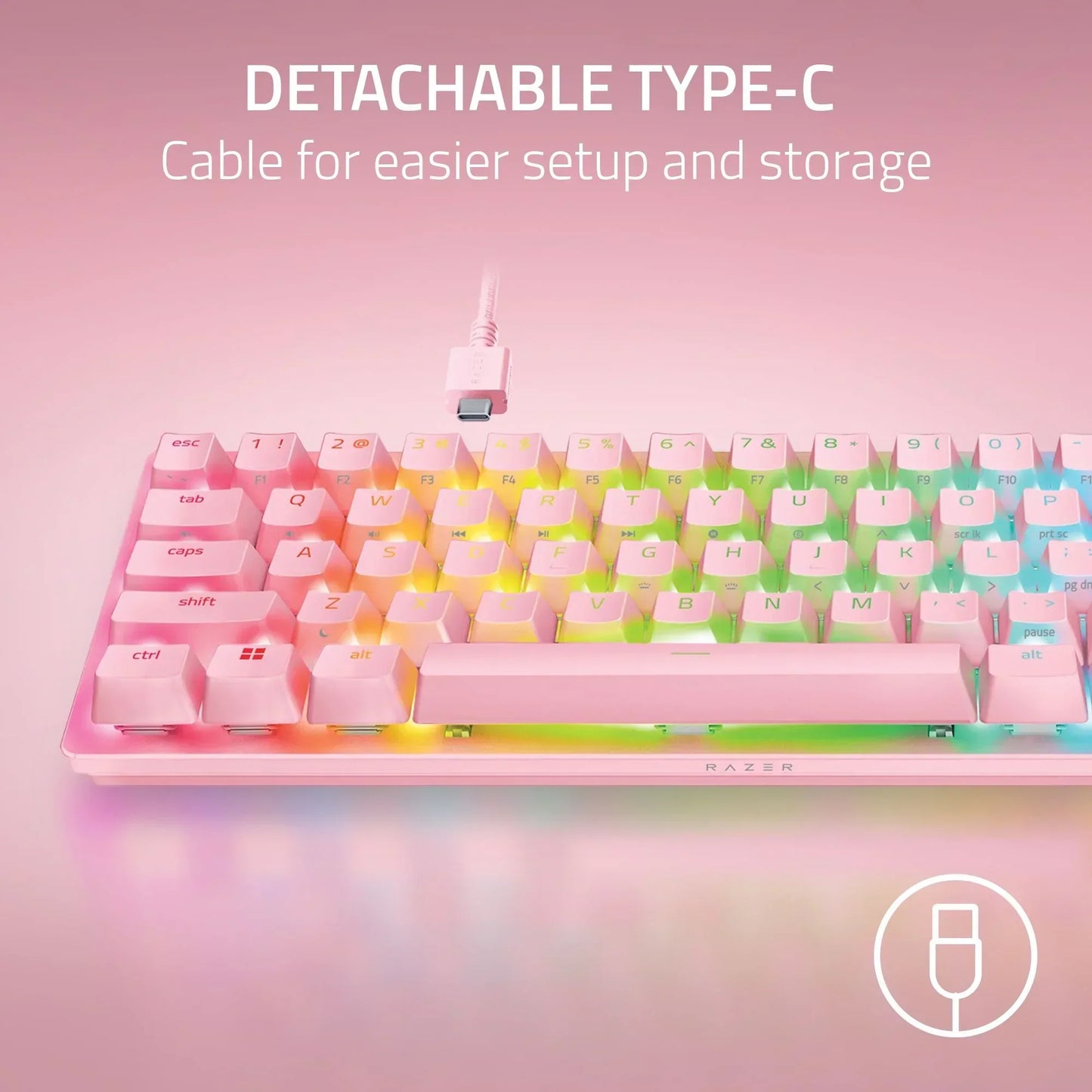 Pink RGB gaming keyboard with detachable USB-C cable on pastel background, Byte Style gear