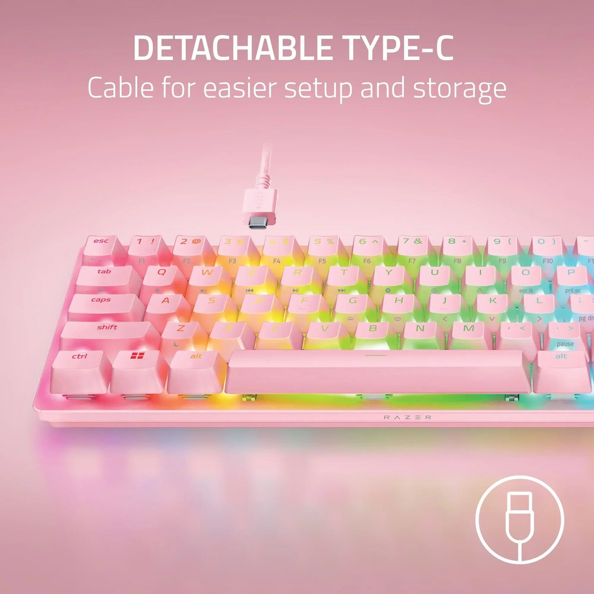 Pink RGB gaming keyboard with detachable USB-C cable on pastel background, Byte Style gear