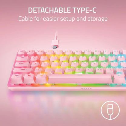Pink RGB gaming keyboard with detachable USB-C cable on pastel background, Byte Style gear