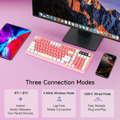 Pink and white mechanical gaming keyboard on pink desk with monitor, tablet, and phone, Byte Style.