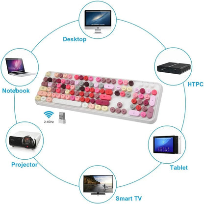 Retro 8-bit wireless gaming keyboard with round pink keycaps, compatible with PC, laptop, smart TV, HTPC, projector, and tablet.