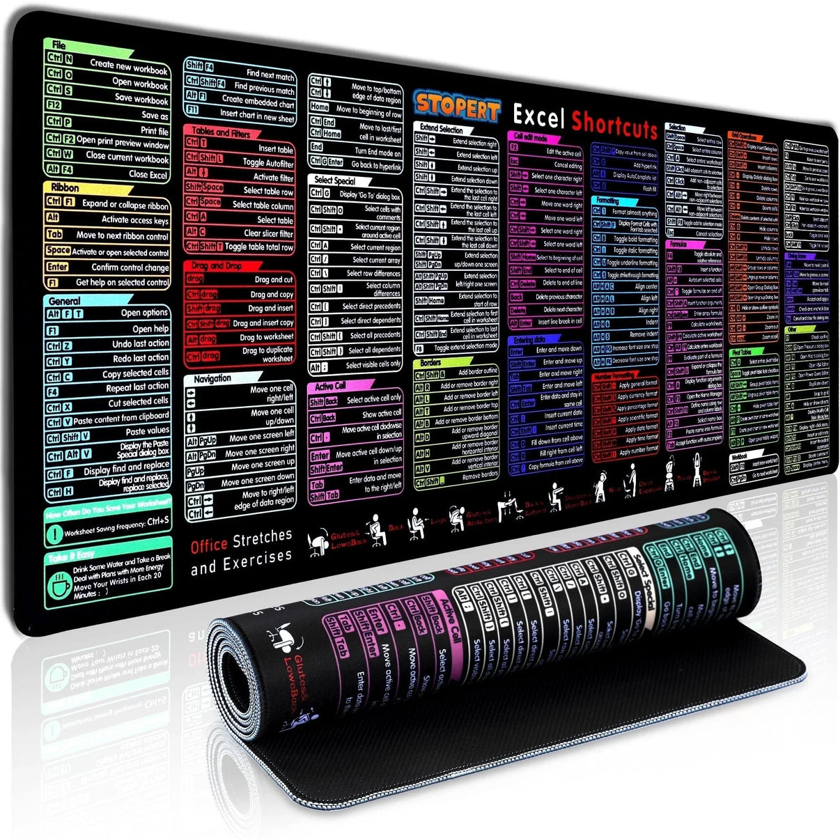 Rolled and unrolled black mouse pad displaying colorful Excel shortcut keys and office stretches guide