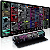 Rolled and unrolled black mouse pad displaying colorful Excel shortcut keys and office stretches guide