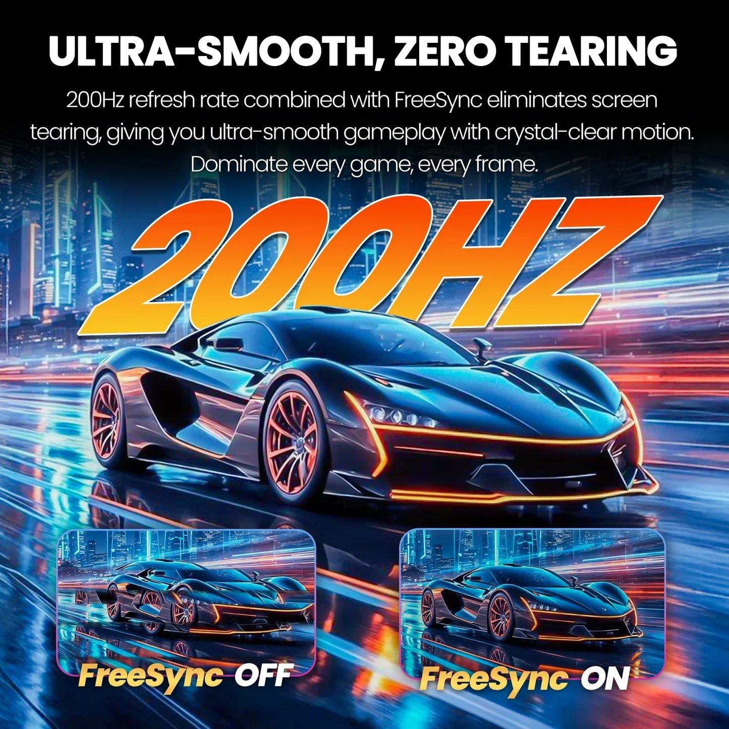 Sleek futuristic sports car with neon orange highlights in a cityscape illustrating 200Hz refresh rate and FreeSync technology for ultra-smooth gaming