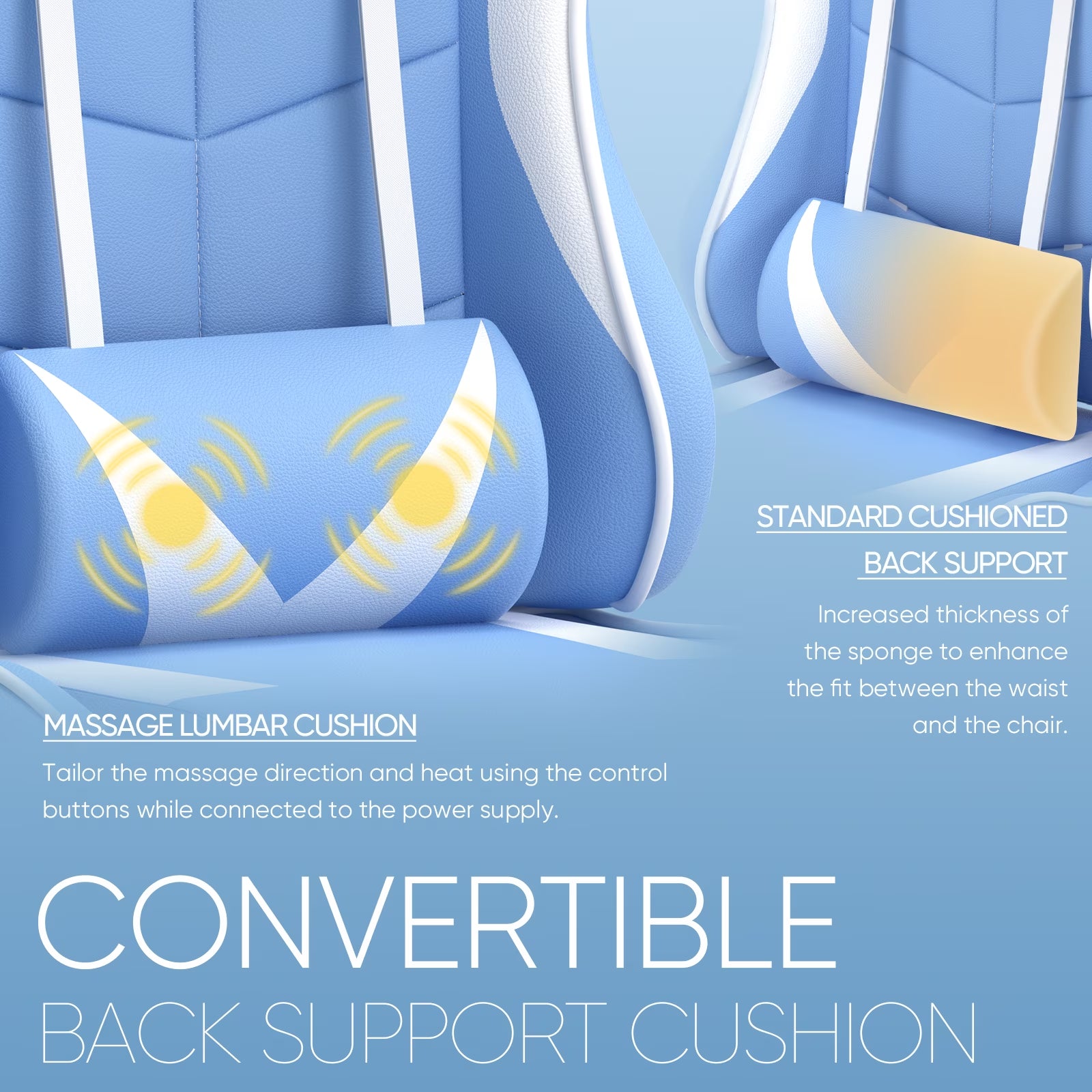 Convertible gaming chair back support with massage lumbar cushion and heated zones for ergonomic comfort