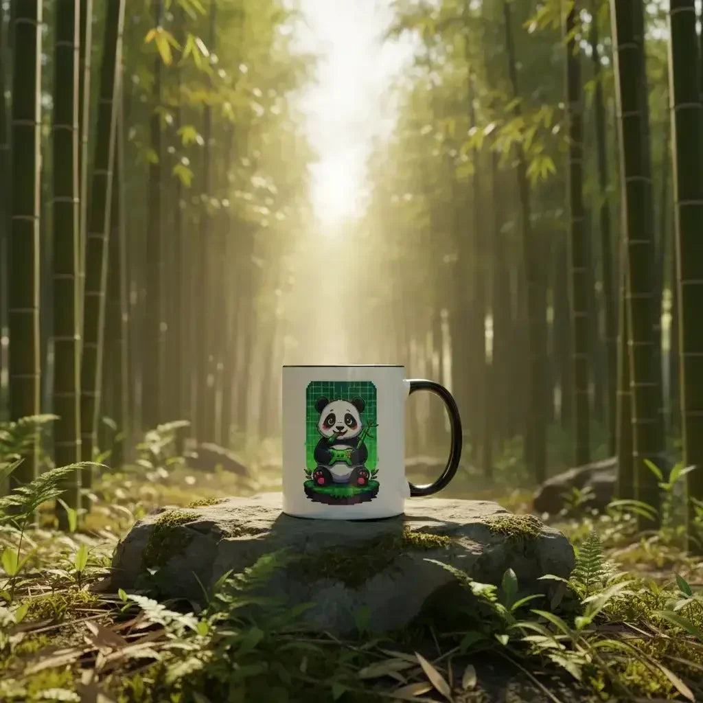 White coffee mug with cute panda illustration placed on mossy rock in serene bamboo forest