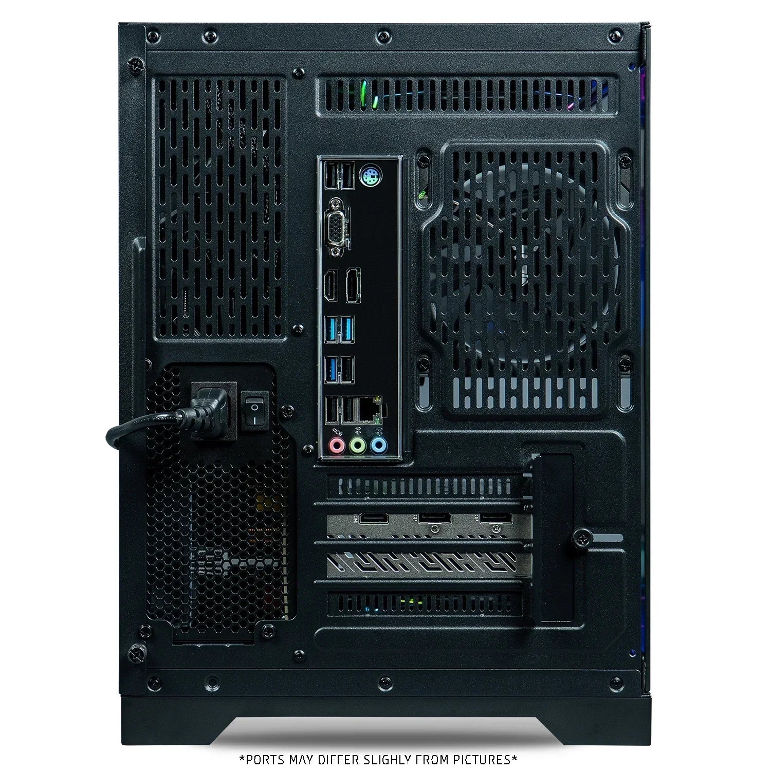 Back panel of a black gaming PC tower showing power cable, ventilation, USB, HDMI, audio ports, and cooling fan